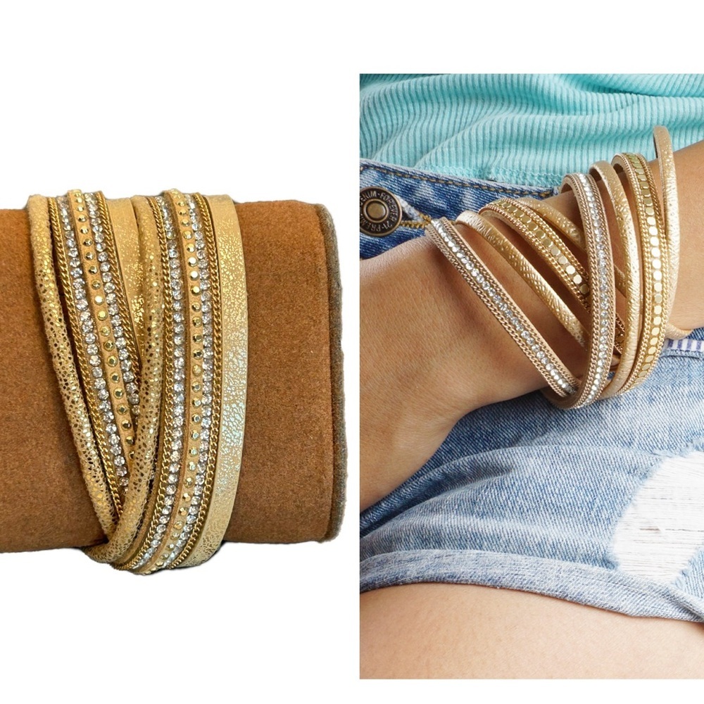 Tan caramel brown suede leather metallic gold glitter rhinestone stud bracelet